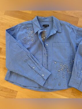 J. Crew Blue and White Pinstripe Embellished Button-Down Shirt